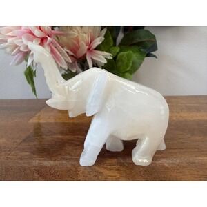 Vintage Hand Carved White Onyx Marble Elephant Figurine Stone Decor African